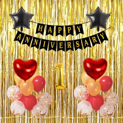 Surprise Decor Solid Happy Anniversary decoration items Combo 16 Letters Banner , Fringe Foil Curtains, 2 Number Foil, Star, Heart, Confetti Balloons & 30 pcs HD metallic latex Red Gold Balloons girls boys Gifts 1st 10th 25th 50th 2nd bday Red Gold Theme ( Pack of 42 )(Set of 42)
