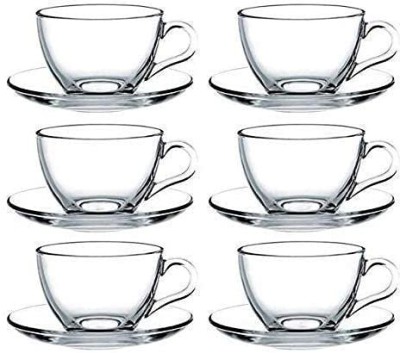 DJB ENTERPRISE Pack of 6 Glass Superb Crystal Clear Roma Solid Glass Tea Cup with Saucer, Tea Mugs with Handle, 180 ml, Hot or Cold Drinks (Clear) - Set of 6(Clear)