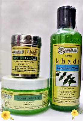 Khadi Rishikesh Herbal Neem Face Wash + Neem Tulsi Gel + Neem Tulsi Face Pack | Facial Kit | Skin Care Kit| 410 ML | Men & Women | SLS & Paraben Free(3 x 136.67 ml)
