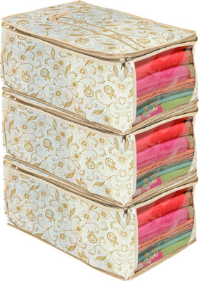 KUBER INDUSTRIES Designer Metalic Leaf Print 3 Piece Non Woven Fabric Saree Cover/Clothes Organiser For Wardrobe Set with Transparent Window, Extra Large (Brown) HS_37_KUBMART019641(Brown)