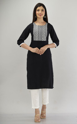 Vastranikhar Women Embroidered Straight Kurta(Black)