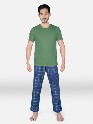 XYXX Men Solid, Checkered Dark Blue, Green Top & Pyjama Set