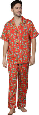 Wear We Met Men Printed Red Night Suit Set