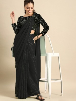 KREZVI Striped Bollywood Silk Blend, Jacquard Saree(Black)