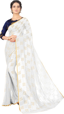 V And V Shop Embroidered Bollywood Chiffon Saree(White)
