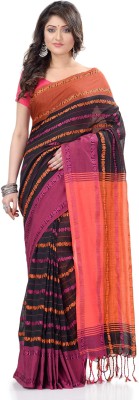 Desh Bidesh Striped Handloom Handloom Pure Cotton Saree(Black, Orange)
