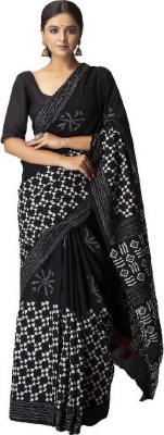 hastshilpi Printed, Color Block, Blocked Printed Daily Wear Pure Cotton Saree(Black)