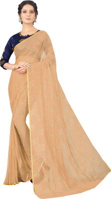 V And V Shop Embroidered Bollywood Chiffon Saree(Cream)