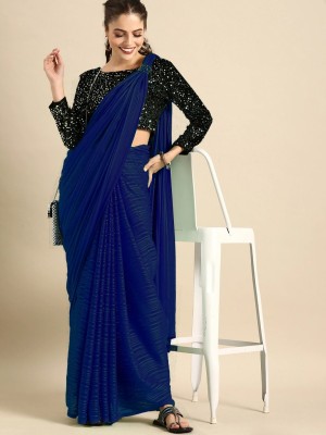 WEYLIN Solid/Plain Bollywood Silk Blend, Jacquard Saree(Dark Blue)