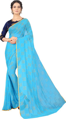 V And V Shop Embroidered Bollywood Chiffon Saree(Light Blue)