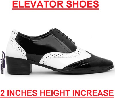 BXXY Men's Height Increasing Faux Leather Black-White Mafia Brogue Lace-Up Shoes Party Wear For Men(Black, White)