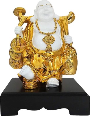 krishnagallery1 G Gold Plated with Wooden Base Laughing Buddha Idol Lord Gautam Buddha Decorative Showpiece  -  28 cm(Gold Plated, Gold, White)
