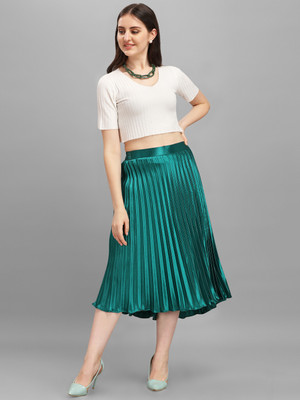 OTABU Solid Women Pleated Light Green Skirt