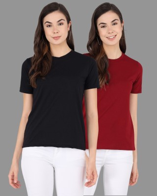 Lasmo Solid Women Round Neck Maroon, Black T-Shirt