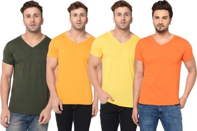 Adorbs Solid Men V Neck Dark Green, Orange, Yellow T-Shirt