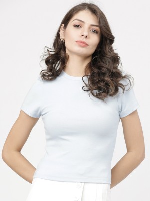 Tokyo Talkies Solid Women Round Neck Blue T-Shirt