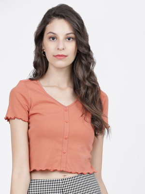 Tokyo Talkies Casual Short Sleeve Striped Women Orange Top