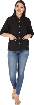 Hi Fashion Casual 3/4 Sleeve Solid Women Black Top