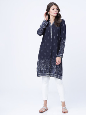 Vishudh Women Floral Print Straight Kurta(Blue)