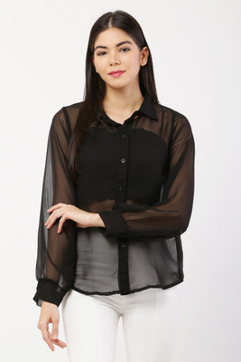 MUMRAA Casual 3/4 Sleeve Solid Women Black Top