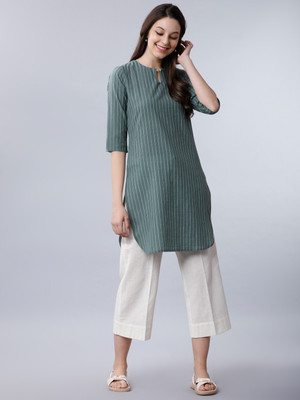 Vishudh Women Striped Straight Kurta(Green)