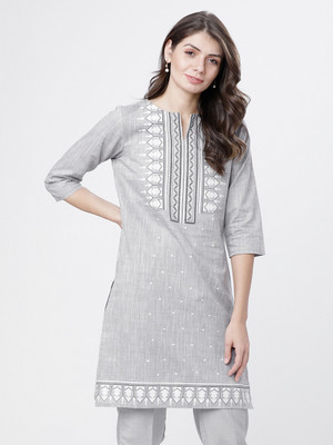 Vishudh Women Printed Straight Kurta(Grey)