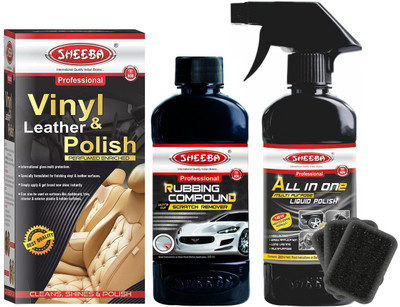Sheeba 1 All in One Multi Purpose Liquid Polish (200 ml), Rubbing Compound Ultra Cut Scratch Remover (250 ml), Leather Vinyl (200 ml), 3 Foam Applicators Combo
