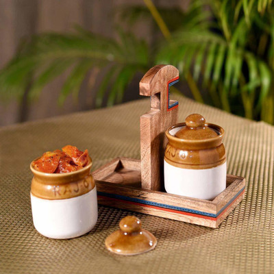 Jimkia Ceramic Pickle Jar  - 180 ml(Pack of 2, White, Brown)