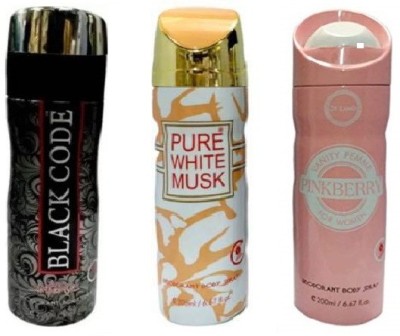 St. Louis BLACKCODE , PINKBERRY , PURE WHITE MUSK Body Spray  -  For Men & Women(600 ml, Pack of 3)