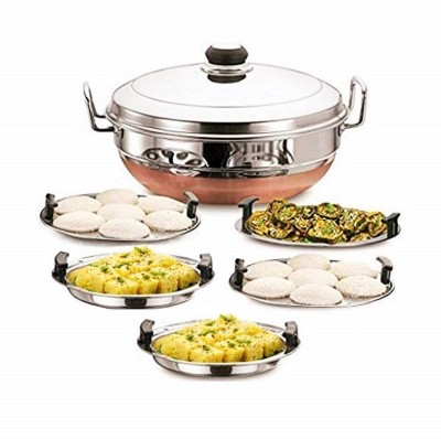 Strobine All in One Stainless Steel Copper Bottom Stander Idli Cooker With 5 Different Plates And Lid,Multi Kadai For Cooking, Big Size Kadai with 5 Plates 2 Idli, 2 Dhokla, 1 Patra Plate Standard Idli Maker Multi Kadhai,Pot Pan Set Combo Tope Copper Tapeli/Patila/Cookware/Dhokaliyu/Dhokla Dhokali M