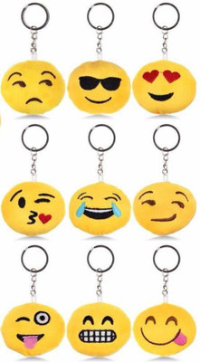WHITE POPCORN Round Emoji Face Plush Soft Cushion Fluffy Smiley Keyrings & Keychains (Pack of 6) Key Chain