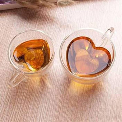 ZIDO (Pack of 2) Exclusive Double Wall Heart Shape Thermal Insulated Borosilicate Glass Cup with Comfort Handle Perfect for Tea/Coffee/Latte/Americano/Cappuccinos/Tea Bag/Beverage DG-189 150 ML Glass Coffee Mug(150 ml, Pack of 2)