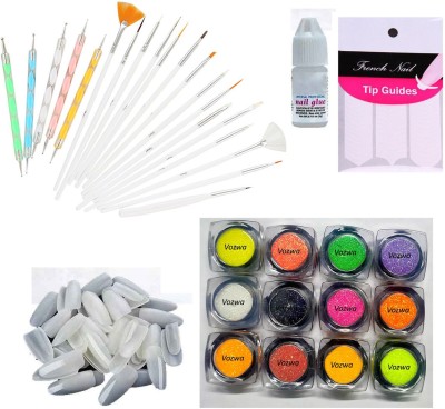 VOZWA 20pcs Nail Art Design Dotting Painting Drawing UV Polish Brush Pen Tools Set Kit + 100 False Nails + 1 Pc Nail Glue + 1 Tap Tip Guide + 12 color Neon Nail Glitter Powder(Multicolor)