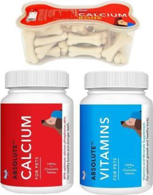 Drools Drools Absolute Vitamin Tablet for All pet Supplement + Calcium Tablet Dog Supplement, 110 Pieces+ Calcium Bone Jar, Dog Treats-20 Pieces (300 gm)+ Vitamin 110 tabs Chicken 1.1 kg Dry Young Dog Food