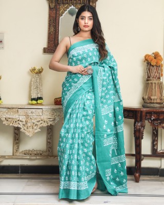 Pallo Latke Blocked Printed Daily Wear Pure Cotton Saree(Light Green)