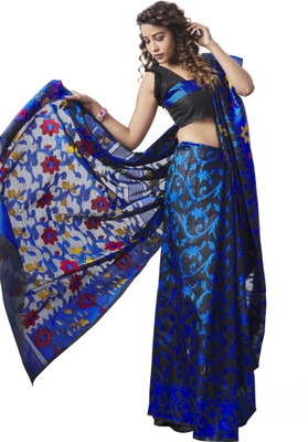 BESUCHER Floral Print Bollywood Pure Cotton Saree(Blue, Black)