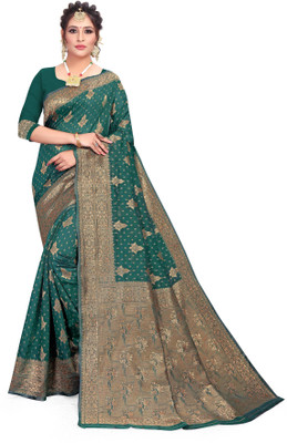 Prettify Embellished Chanderi Jacquard Saree(Dark Green)