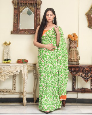 Pallo Latke Blocked Printed Daily Wear Pure Cotton Saree(Green)