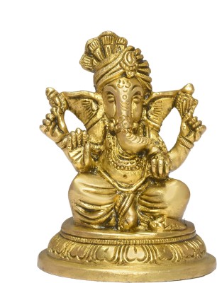 Kuber Handicraft Brass Engraved Lord Pagdi Ganesh Statue oval Base for Home Decor Mandir Temple Diwali Pooja (Height - 3.7 inch approx , Weight - 450g , KHBS010) Decorative Showpiece  -  9.6 cm(Brass, Gold)