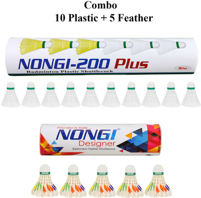 Nongi Badminton shuttle (D6 & 200) combo pack of 10 for indoor outdoor sport Feather & Plastic Shuttle  - White(Medium, 77, Pack of 15)