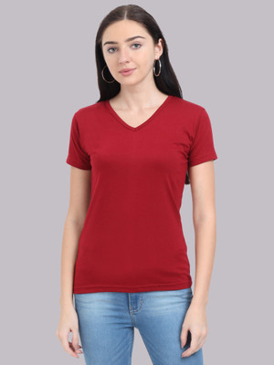 Fleximaa Solid Women V Neck Maroon T-Shirt