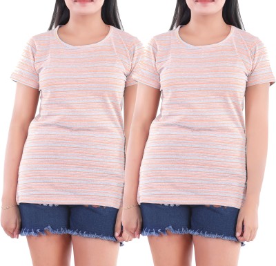 KEOTI Striped Women Round Neck Orange T-Shirt