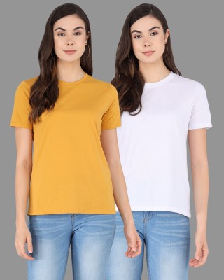 Datalact Solid Women Round Neck White, Yellow T-Shirt