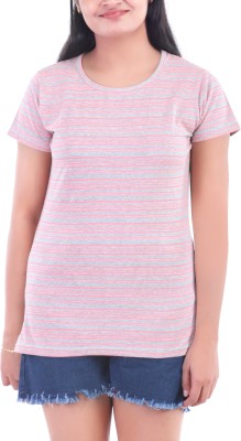 KEOTI Striped Women Round Neck Pink T-Shirt