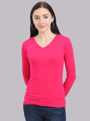 Fleximaa Solid Women V Neck Pink T-Shirt