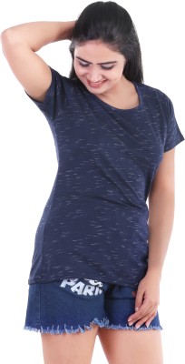 KEOTI Self Design Women Round Neck Dark Blue T-Shirt