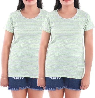 KEOTI Striped Women Round Neck Green T-Shirt