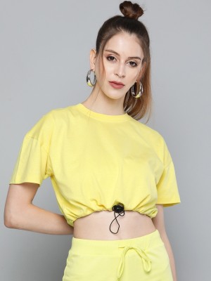 SASSAFRAS Solid Women Round Neck Yellow T-Shirt