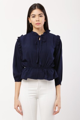 MUMRAA Casual 3/4 Sleeve Solid Women Dark Blue Top