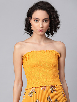 SASSAFRAS Casual Sleeveless Solid Women Yellow Top